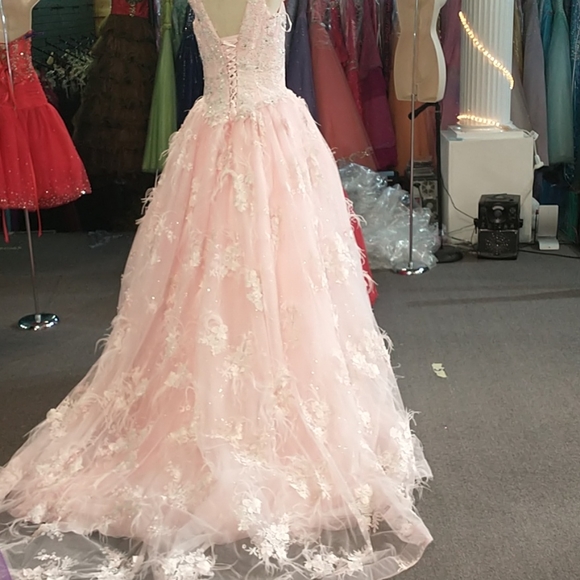 Quinceanera or Prom gown pink with feathers corset back - Picture 6 of 10